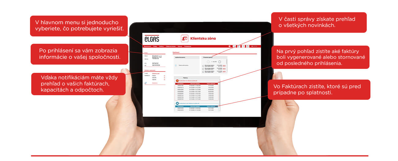 tablet zobrazujuci rozhranie elgas aplikacie