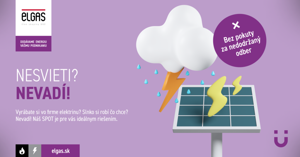 Reklamný vizuál ELGAS s fotovoltickým panelom, búrkovým mrakom a textom „Nesvieti? Nevadí!“ – riešenie SPOT bez pokuty za nedodržaný odber.