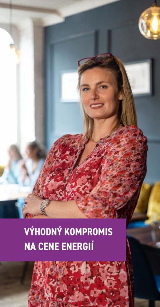 Sebavedomá žena v kvetovaných šatách stojí v modernom interiéri reštaurácie s prekríženými rukami, v popredí fialový nápis „Výhodný kompromis na cene energií“. Elgas