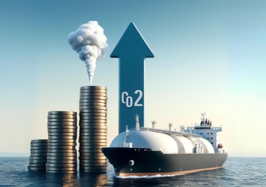 LNG tanker na mori vedľa stúpajúcich mincí a šípky s CO₂ – rastúce náklady a emisie v sektore skvapalneného zemného plynu.