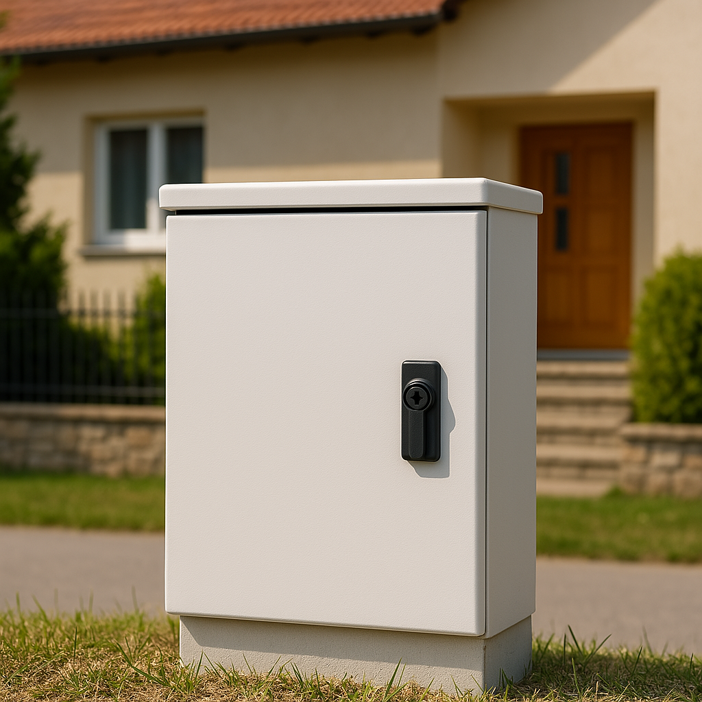 Elektrická rozvodná skriňa umiestnená pred rodinným domom so záhradou a vstupnými schodmi v pozadí. Elgas