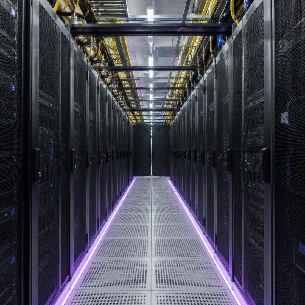 Serverové skrine v dátovom centre — rastúca výkonová hustota AI infraštruktúry